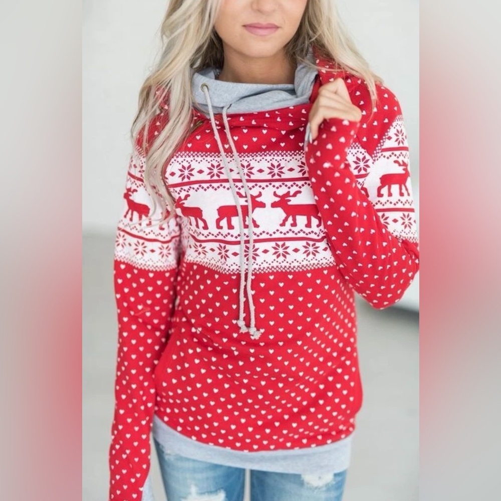 AMPERSAND AVE Red and White Reindeer Double Hood Hoodie NEW